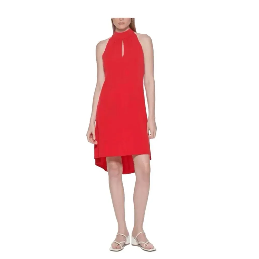 Calvin Klein Halter Dress Women's Size 12 Red High Low Back Bow